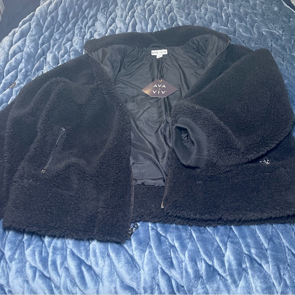 AVA & VIV Black Sherpa Fleece Teddy Bear Full
Zip Pockets Jacket